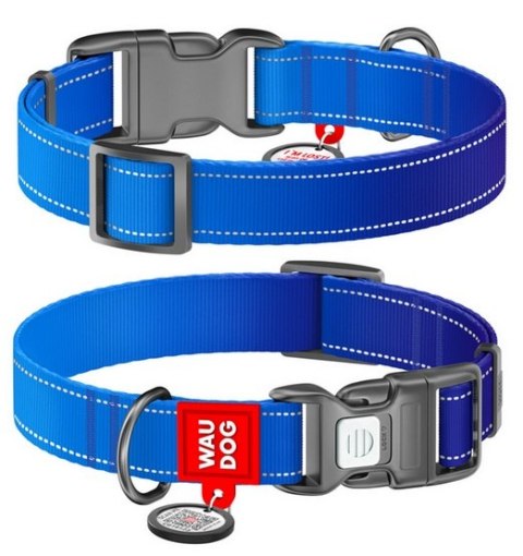 Collar WauDog Nylon Mono Obroża nylonowa odblaskowa z QR-paszportem, plastikowy fastex, L 25mm/33-49cm niebieska