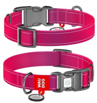 Collar WauDog Nylon Mono Obroża nylonowa odblaskowa z QR-paszportem, plastikowy fastex, S 15mm/25-35cm różowa
